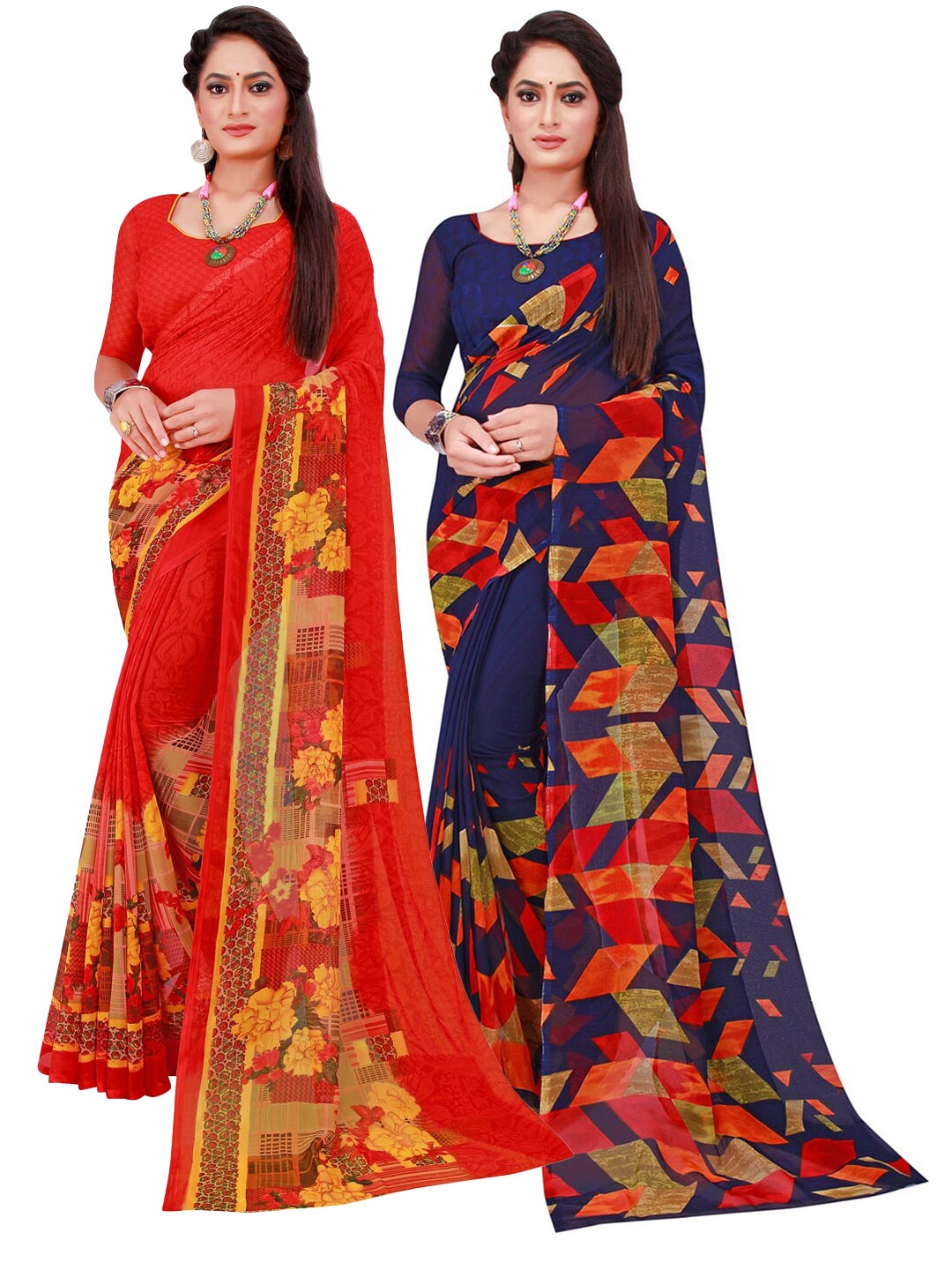 

SAADHVI Navy Blue & Red Pure Georgette Saree Pack Of 2