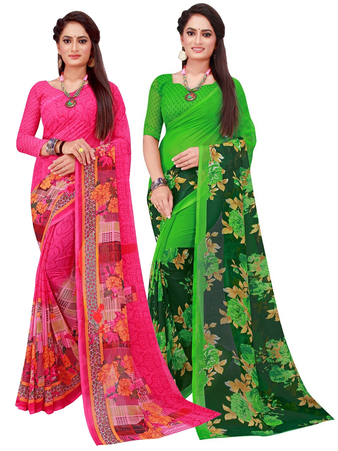 

SAADHVI Green & Red Set Of 2 Floral Printed Pure Georgette Saree