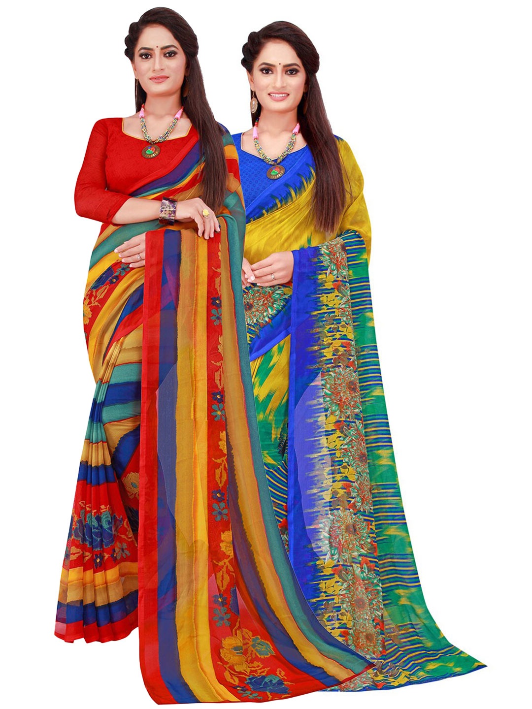 

SAADHVI Pack of 2 Blue & Red Pure Georgette Sarees