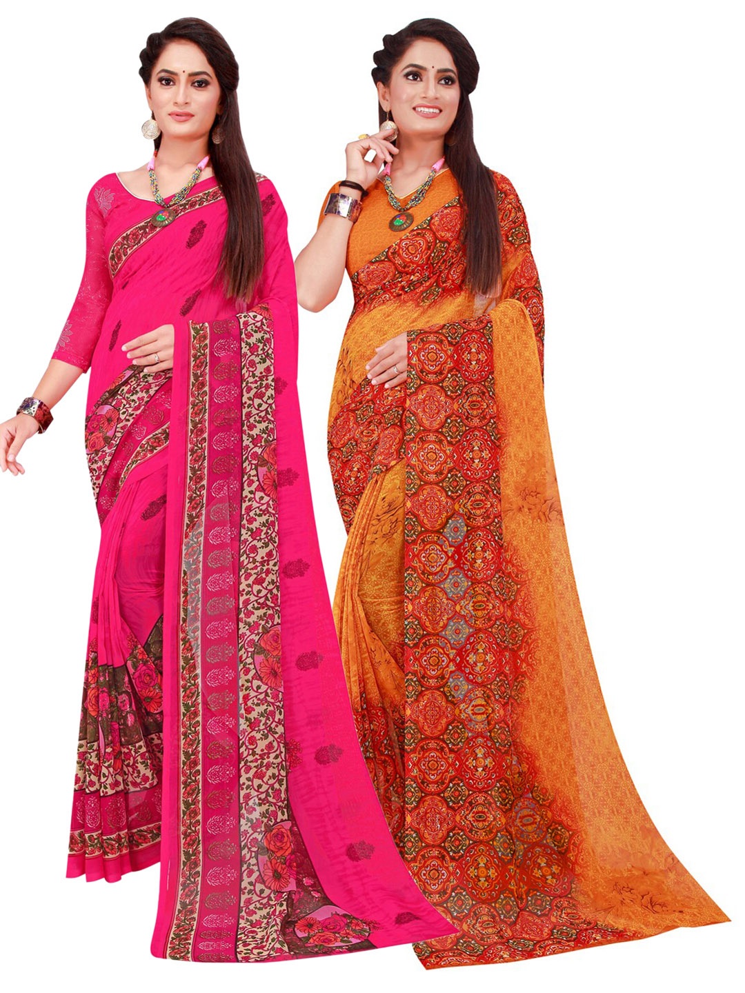 

SAADHVI Mustard & Magenta Set Of 2 Floral Printed Georgette Saree