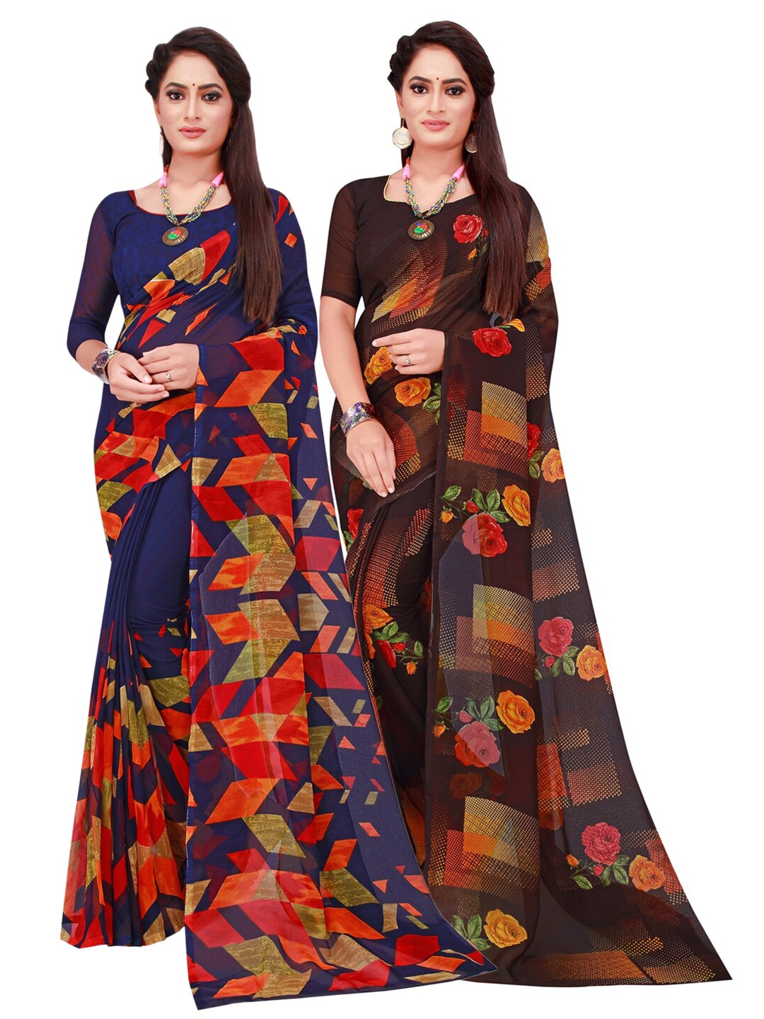 

SAADHVI Navy Blue & Brown Floral Pure Georgette Saree