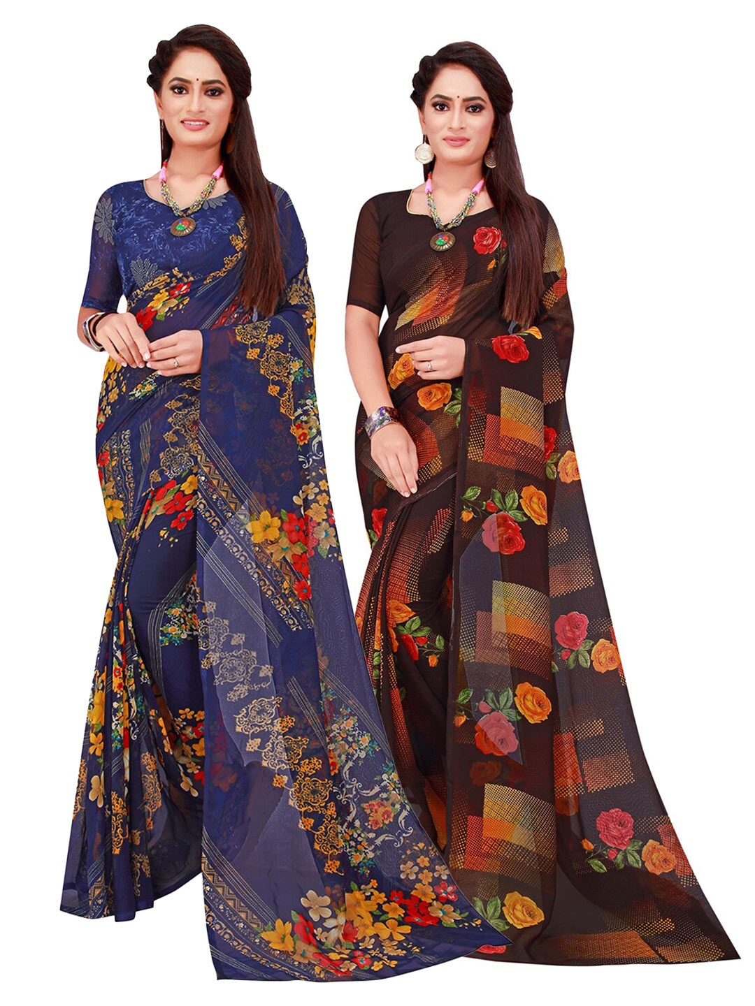 

SAADHVI Brown & Blue Floral Pure Georgette Saree