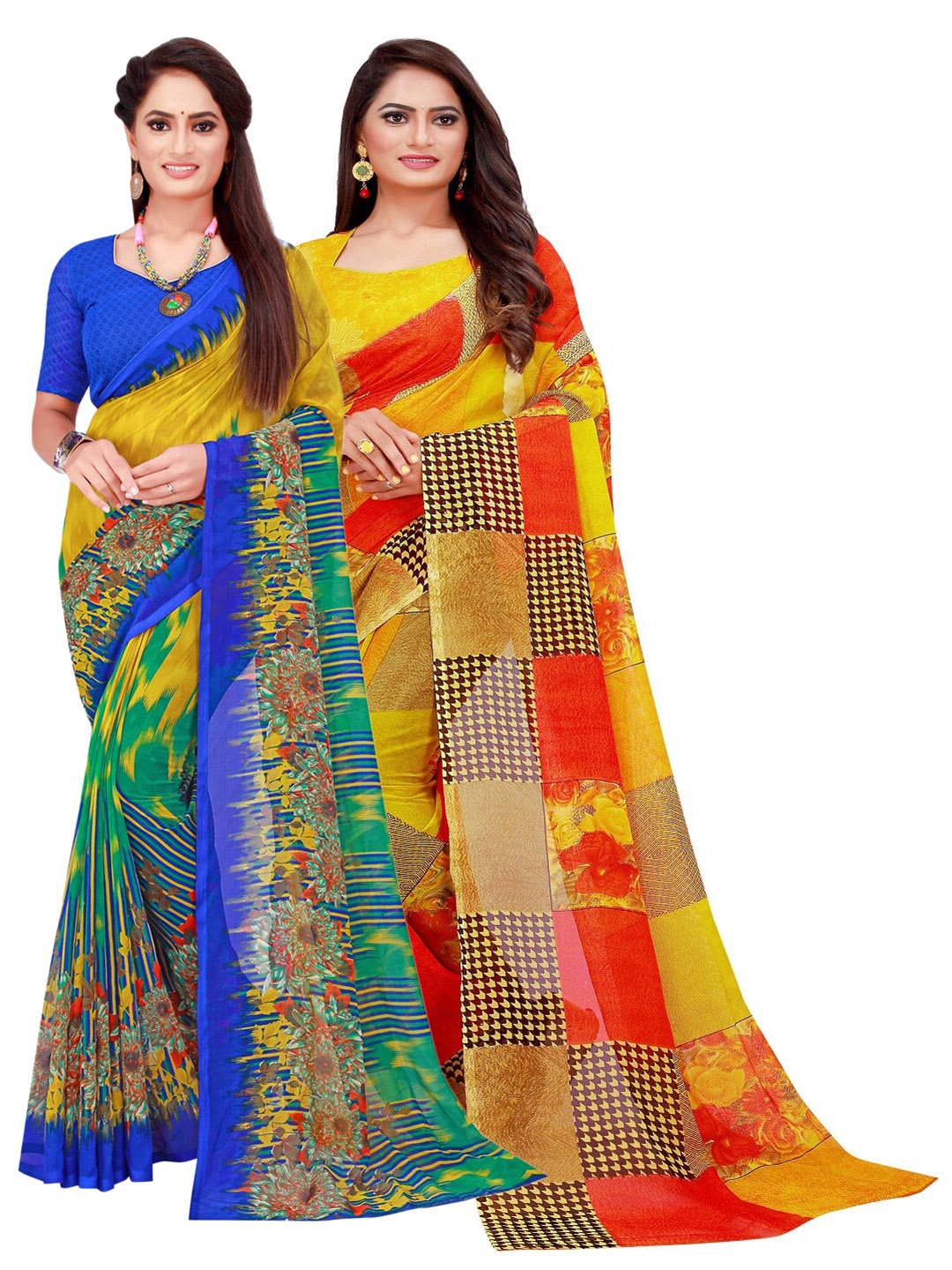 

SAADHVI Pack of 2 Blue & Orange Pure Georgette Sarees