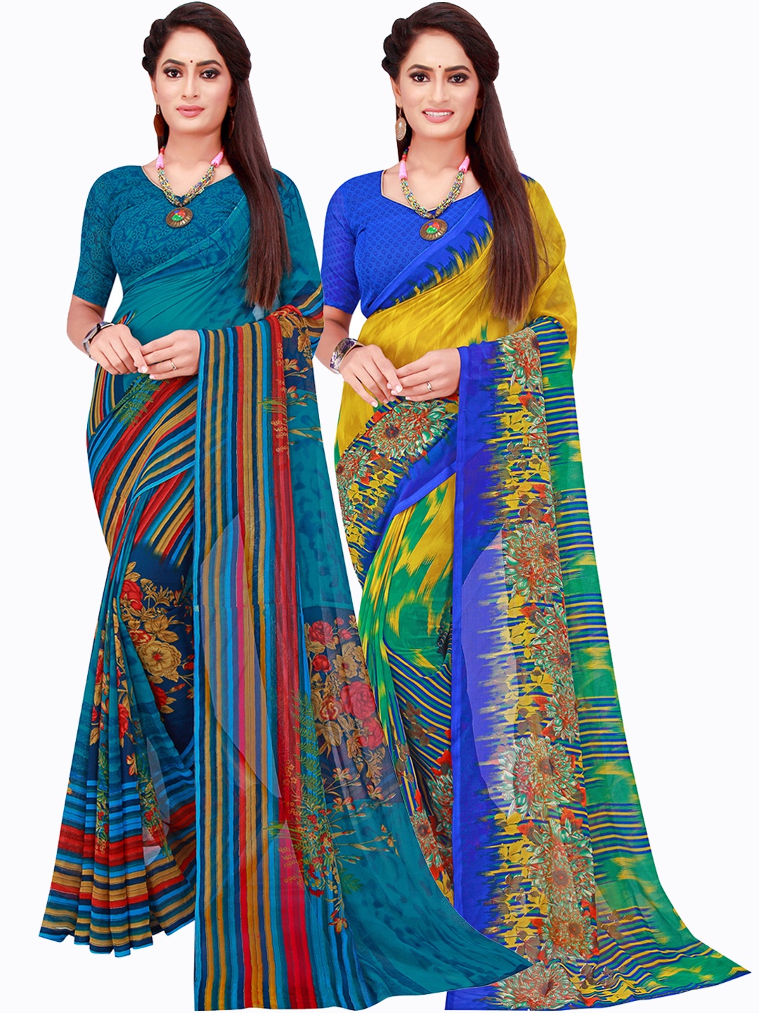 

SAADHVI Blue & Yellow Set Of 2 Floral Georgette Saree