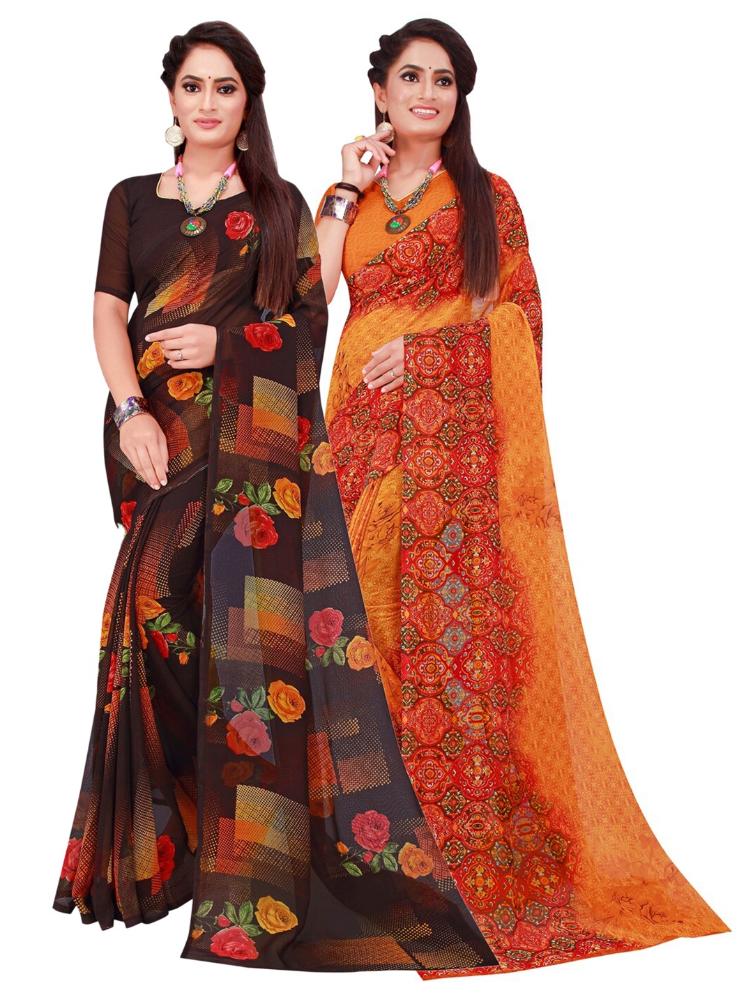 

SAADHVI Pack Of 2 Brown & Orange Floral Pure Georgette Saree