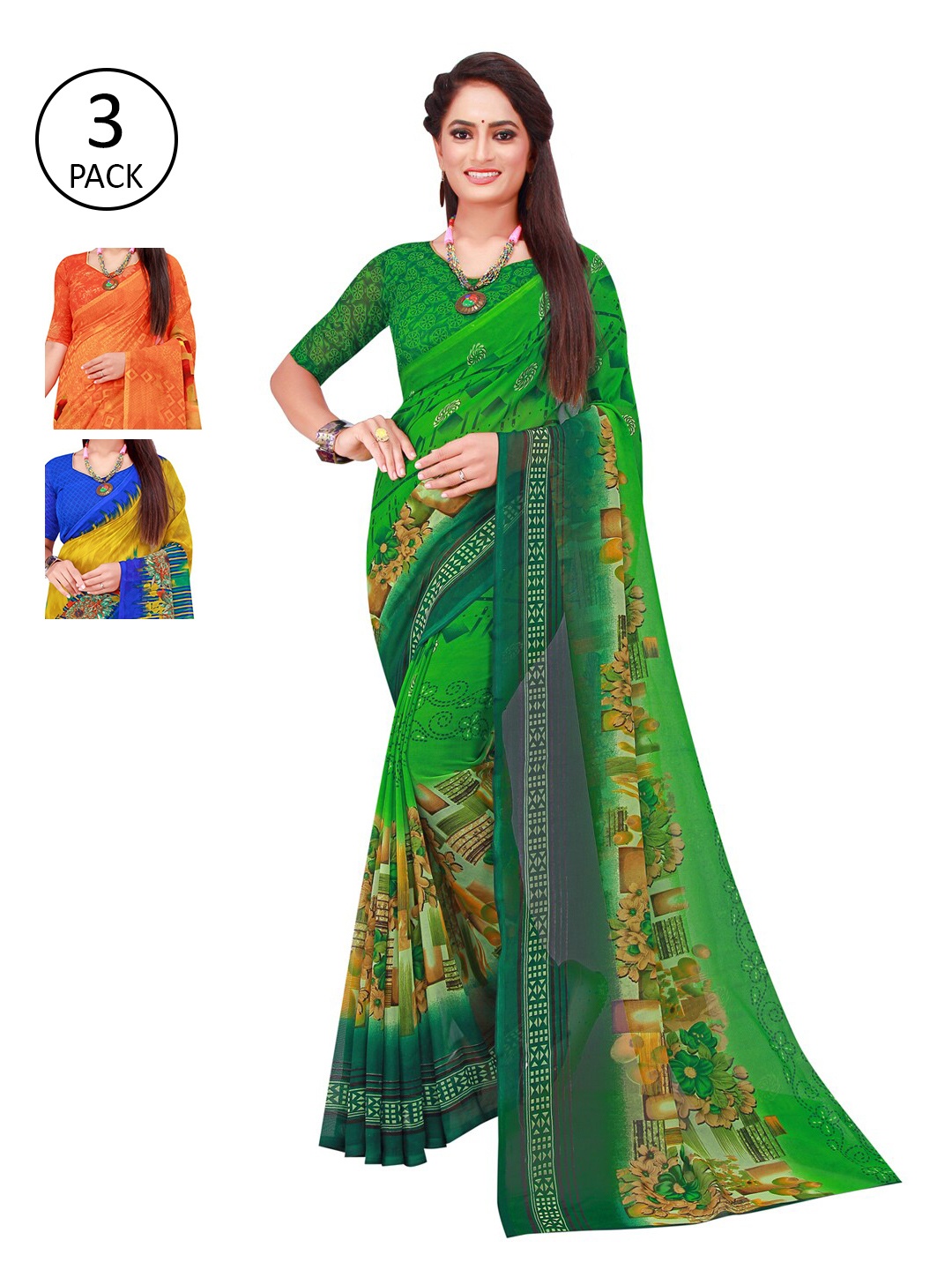 

SAADHVI Pack of 3 Green & Yellow Pure Georgette Sarees