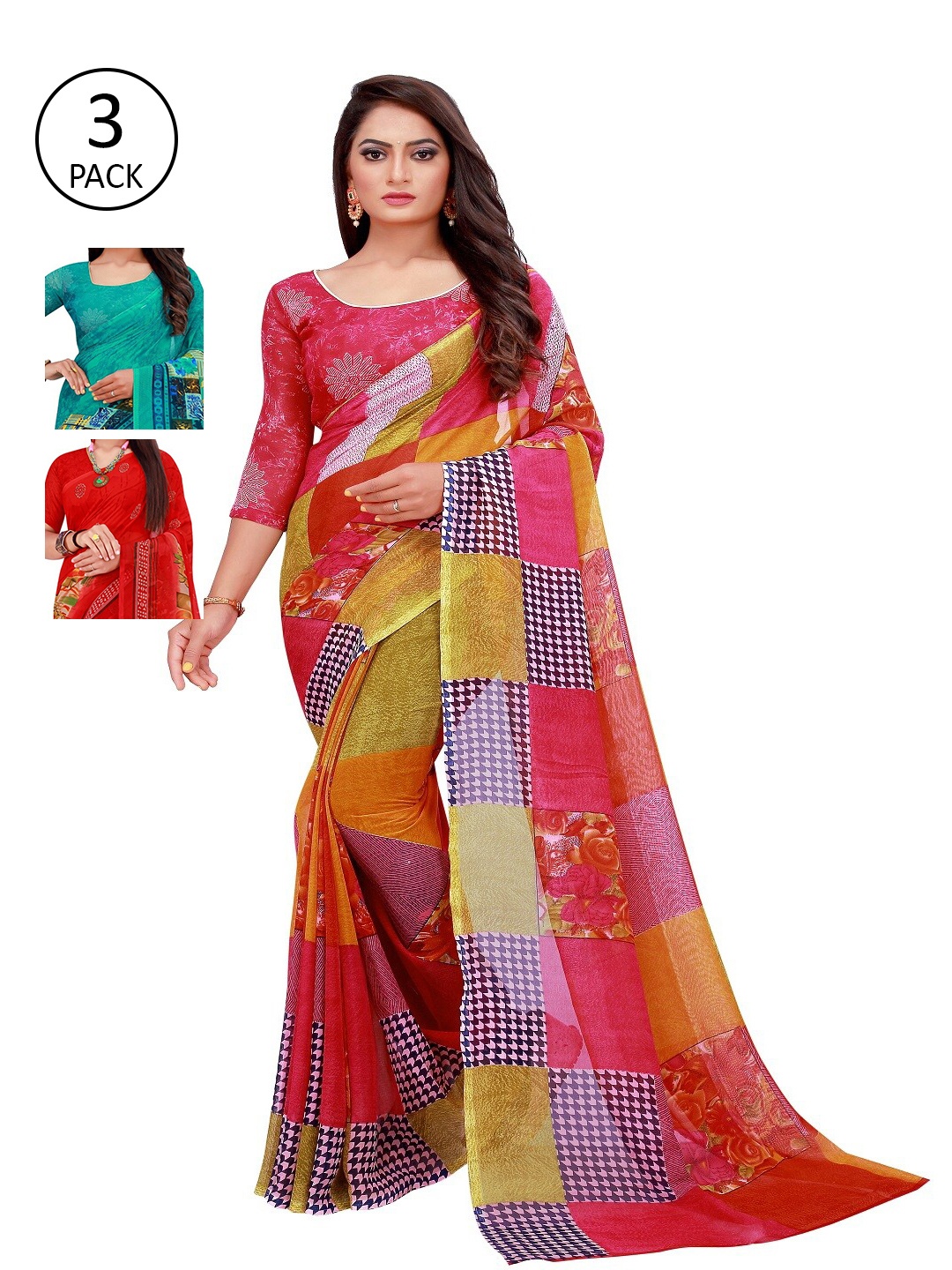 

SAADHVI Pack Of 3 Printed Pure Georgette Saree, Red