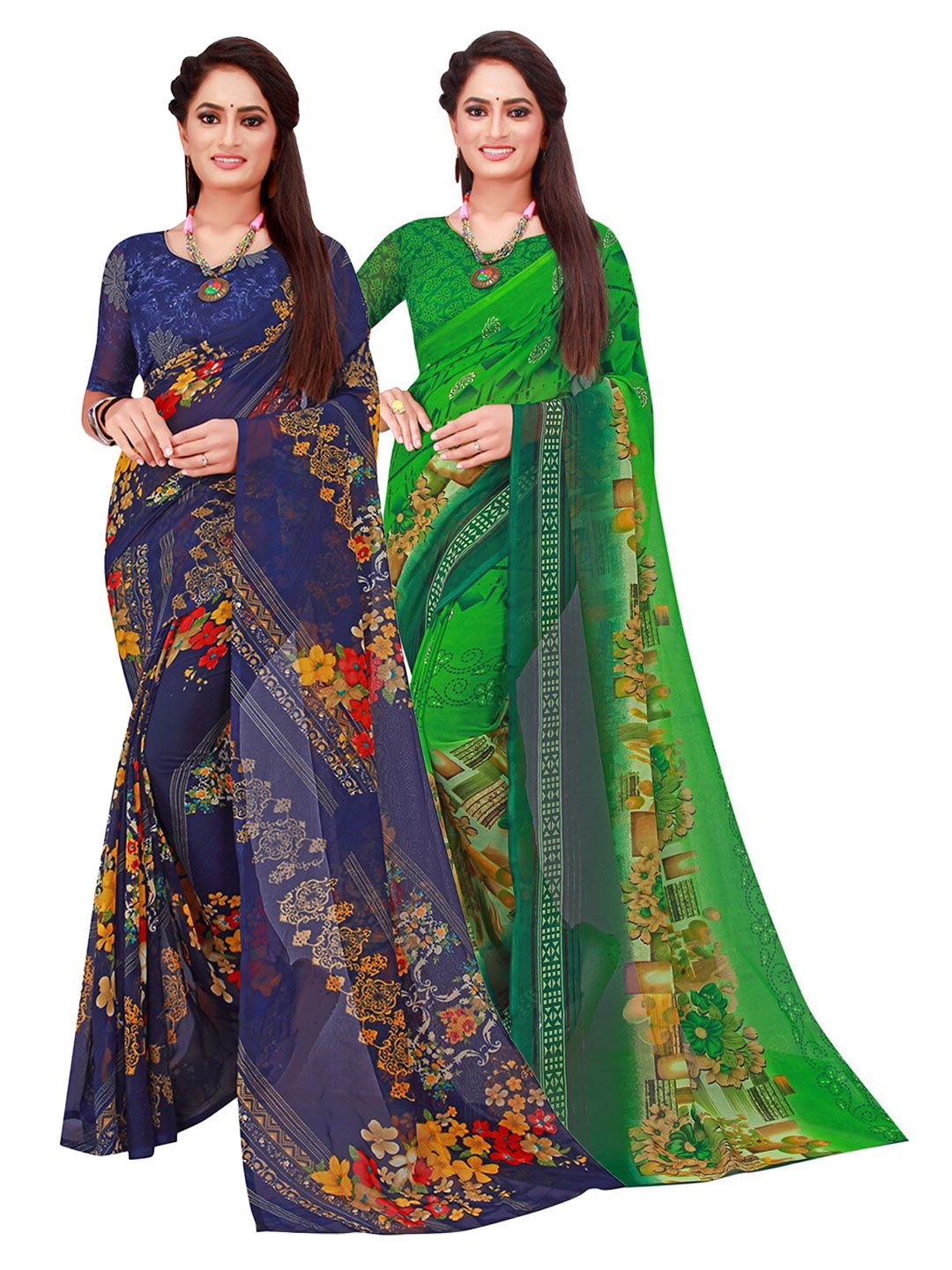 

SAADHVI Pack Of 2 Green & Navy Blue Pure Georgette Saree