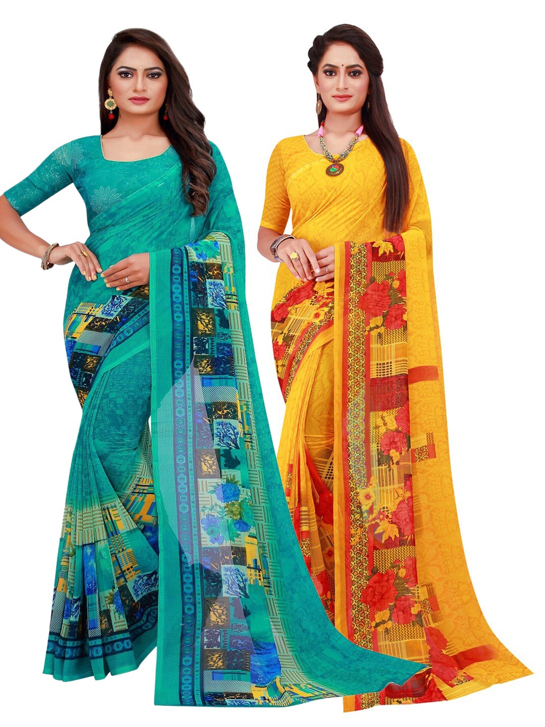 

SAADHVI Green & Yellow Pure Georgette Saree Pack Of 2