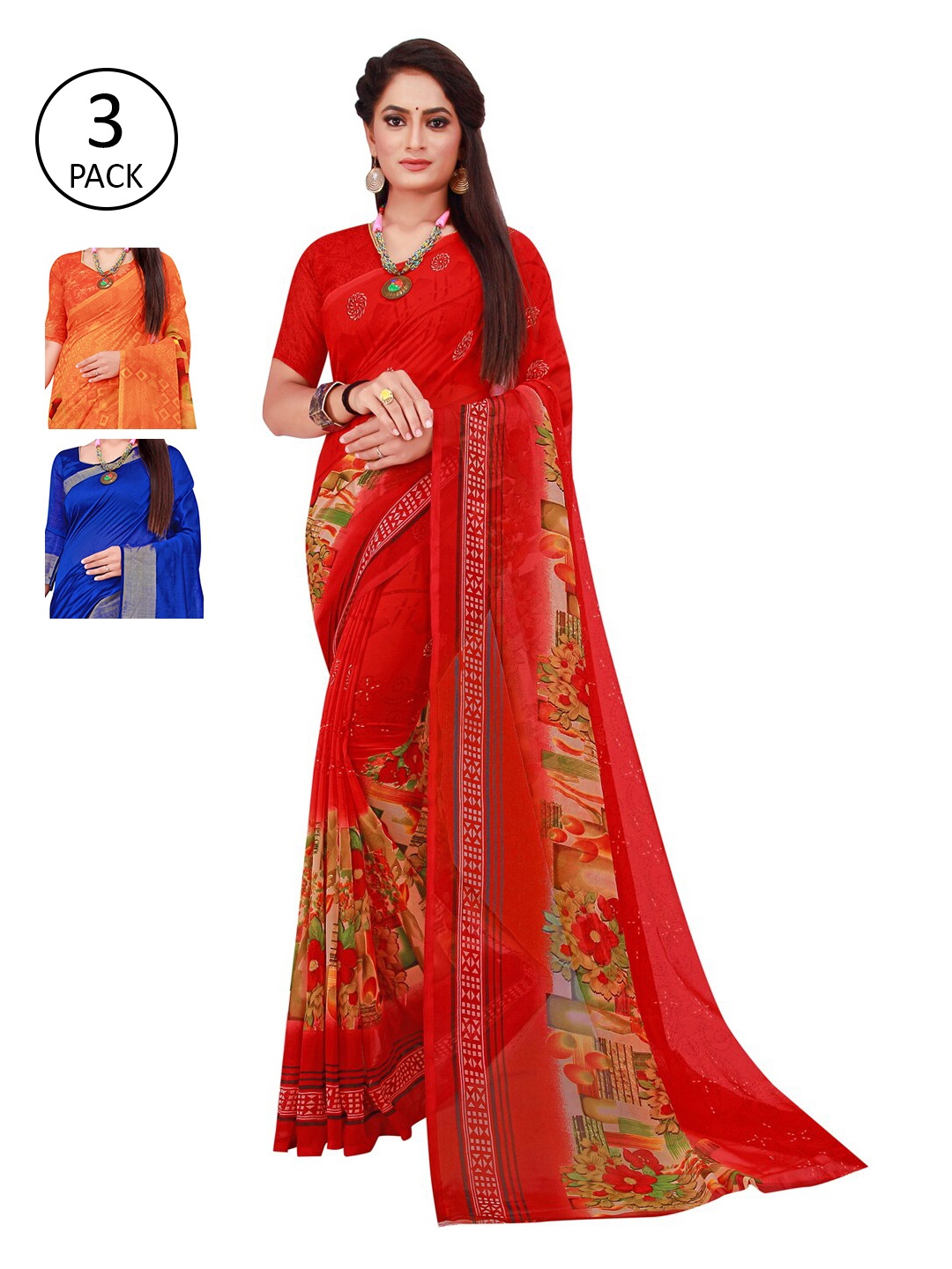 

SAADHVI Red & Orange Set Of 3 Printed Pure Georgette Saree