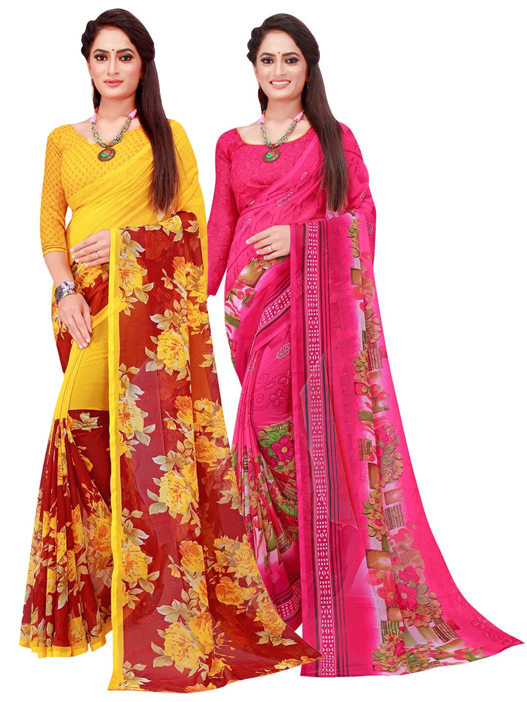 

SAADHVI Pink & Yellow Floral Pure Georgette Saree