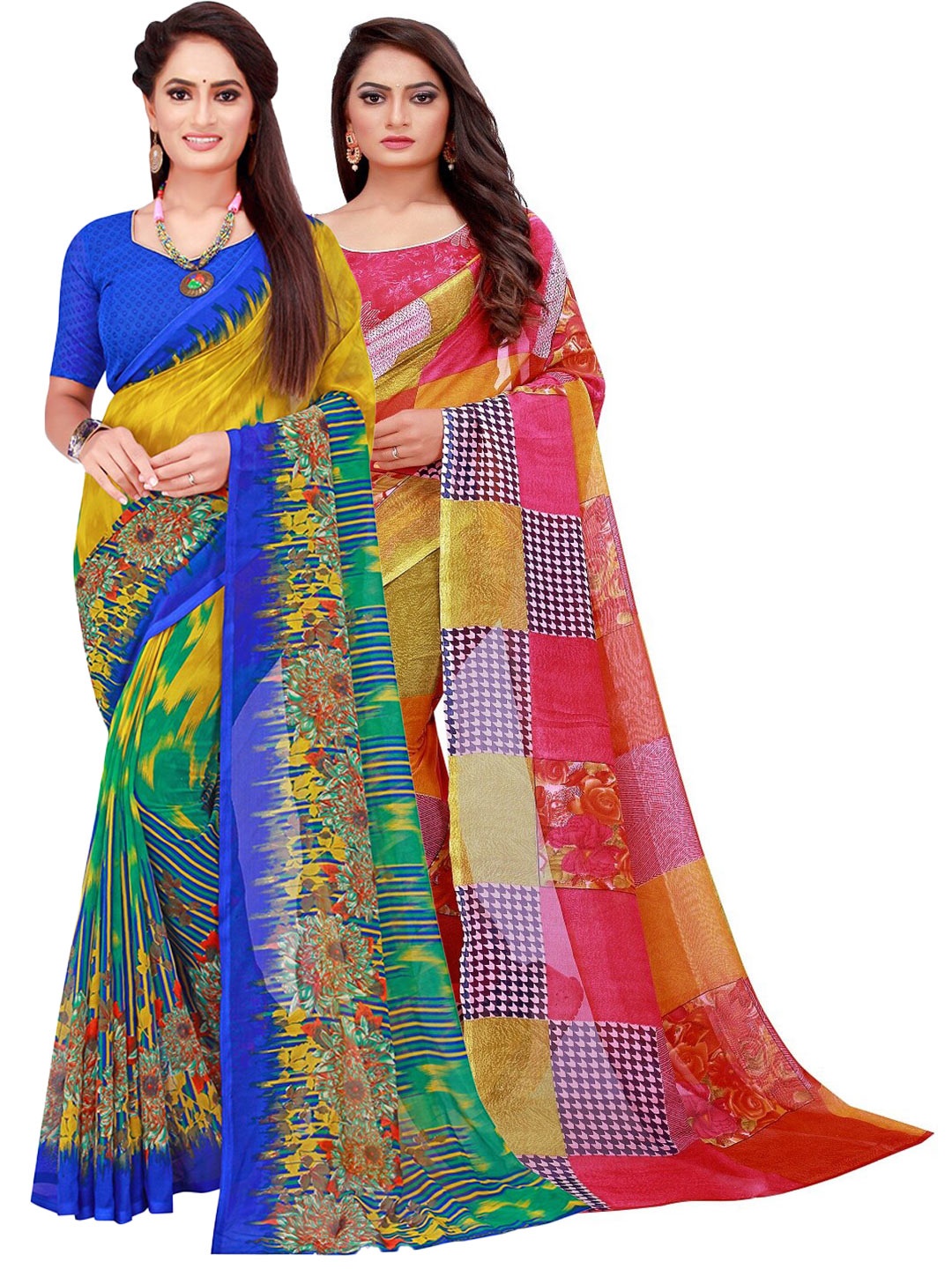 

SAADHVI Blue & Red Pure Georgette Printed Saree Pack Of 2