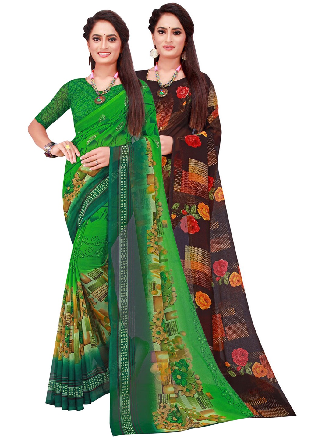 

SAADHVI Pack Of 2 Green & Black Floral Pure Georgette Saree