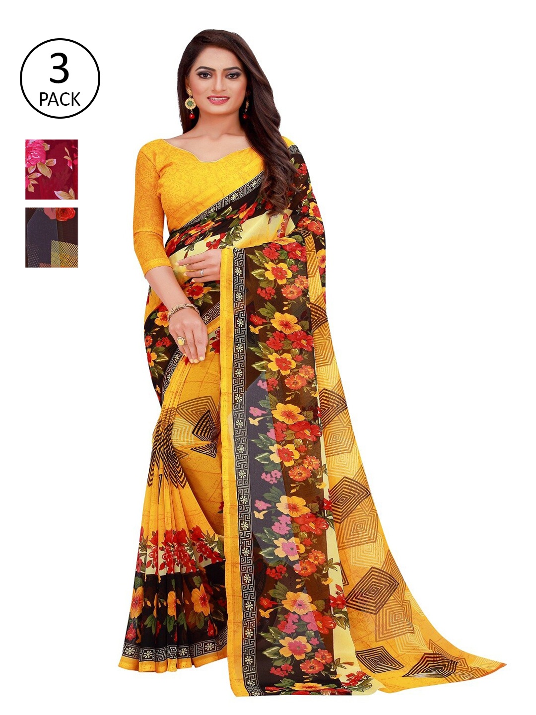 

SAADHVI Pack of 3 Yellow & Brown Pure Georgette Sarees