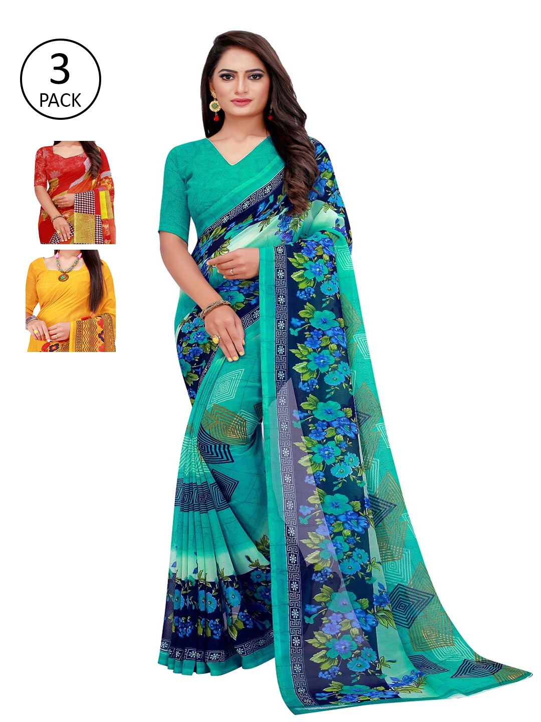 

SAADHVI Pink & Yellow Set Of 3 Floral Printed Pure Georgette Saree