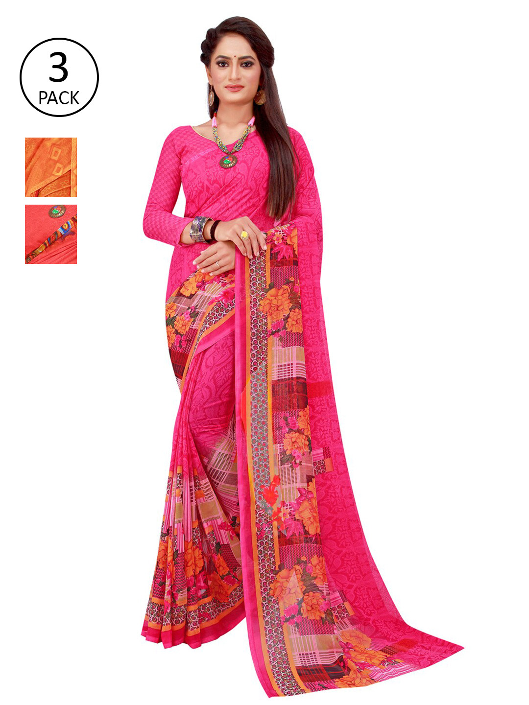 

SAADHVI Pack Of 3 Pink & Orange Pure Georgette Saree