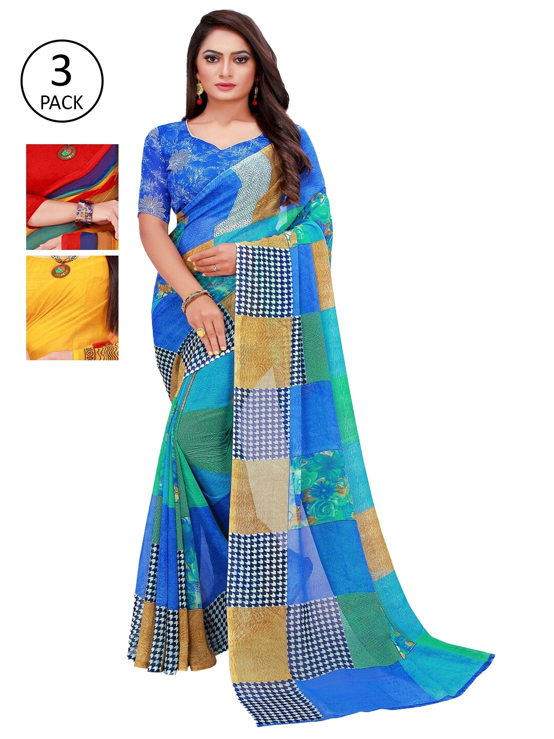 

SAADHVI Pack of 3 Red & Blue Pure Georgette Sarees