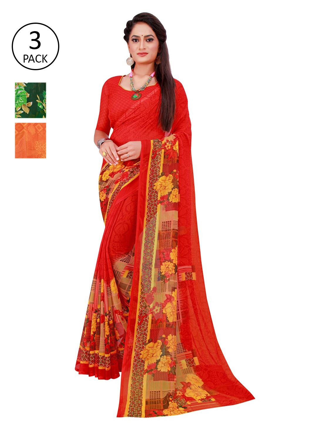

SAADHVI Pack of 3 Green & Orange Floral Pure Georgette Saree