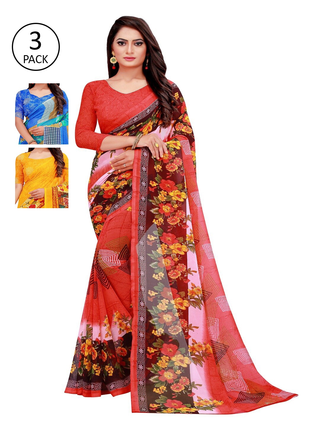 

SAADHVI Pack Of 3 Floral Pure Georgette Saree, Blue