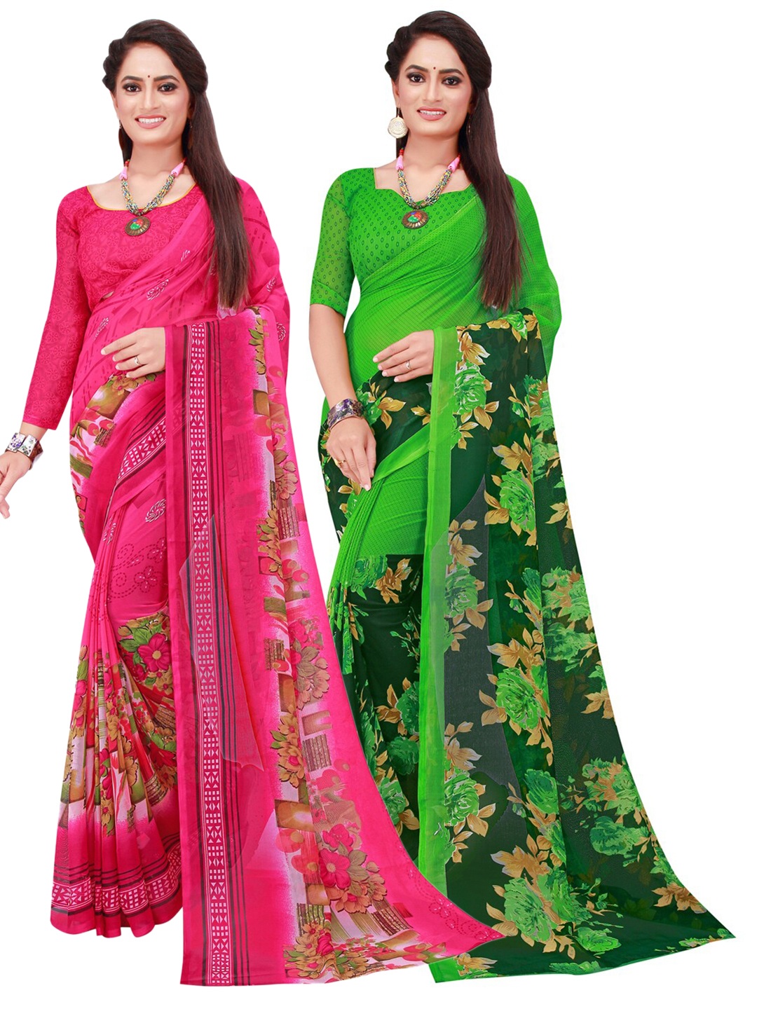 

SAADHVI Pack of 2 Green & Red Floral Pure Georgette Saree