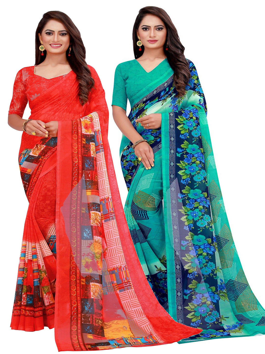 

SAADHVI Green & Red Pure Georgette Saree Pack Of 2