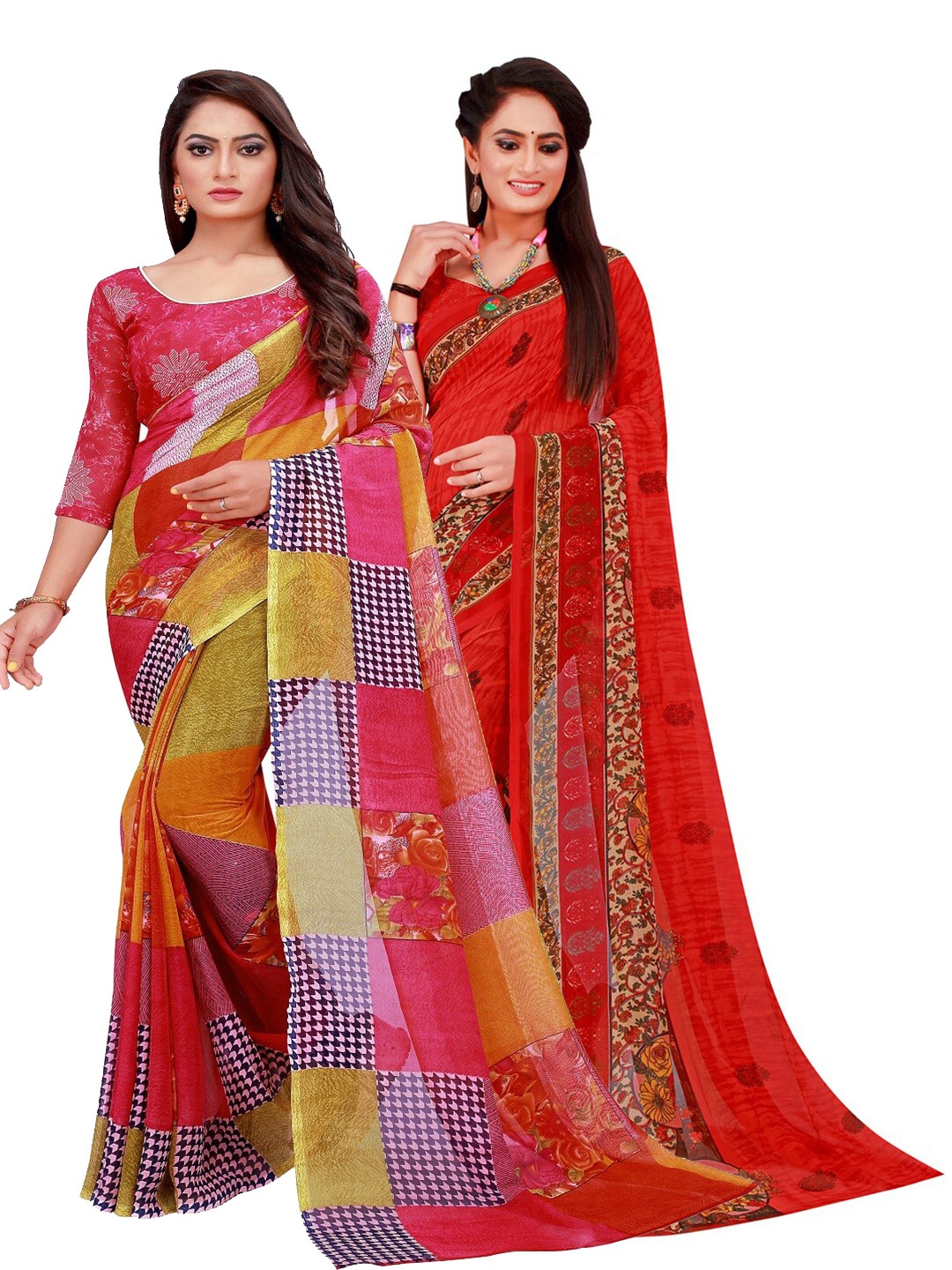 

SAADHVI Red & Pink Pure Georgette Saree Pack Of 2