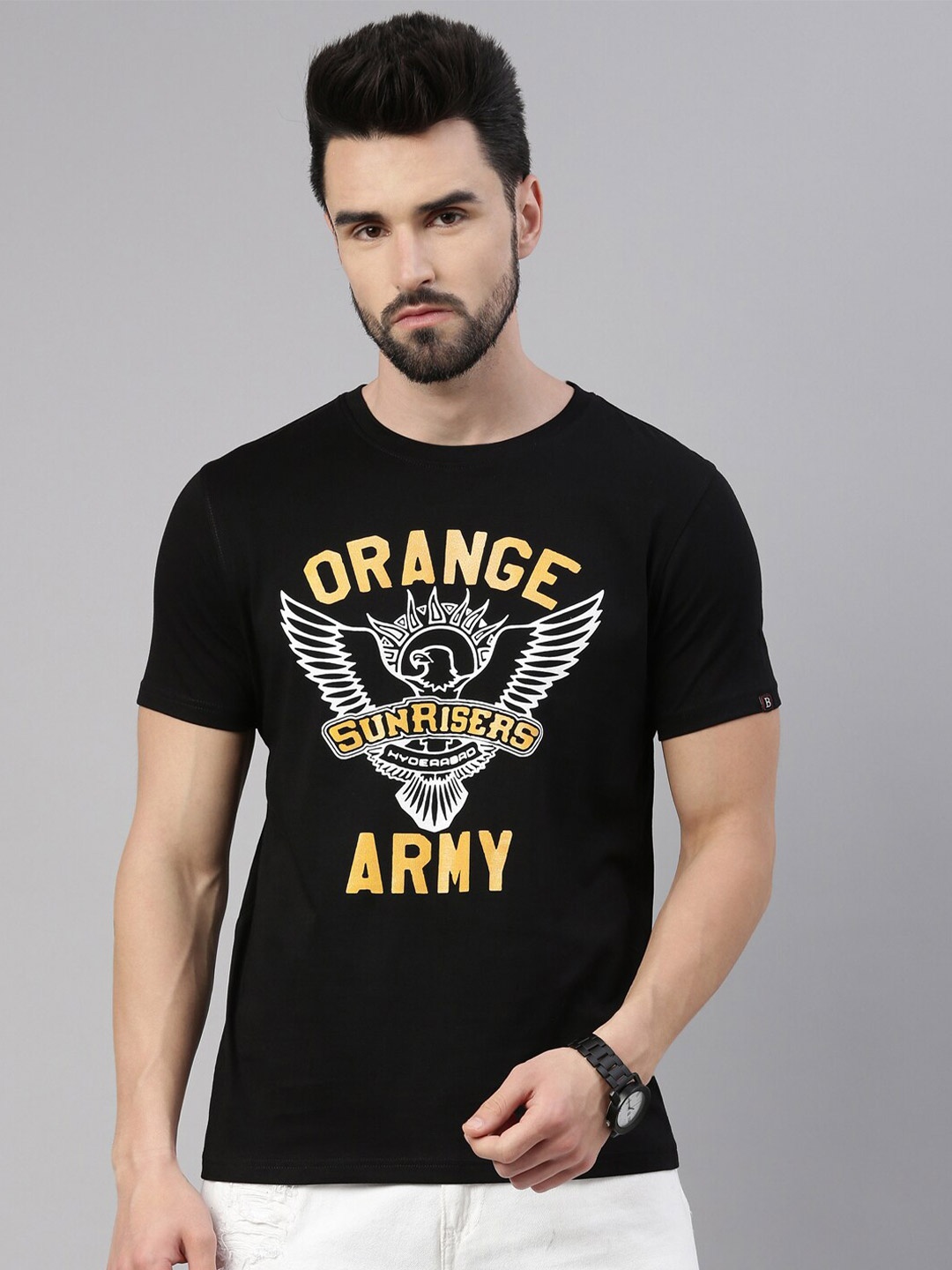 

Bushirt Men Black Typography Printed Applique T-shirt