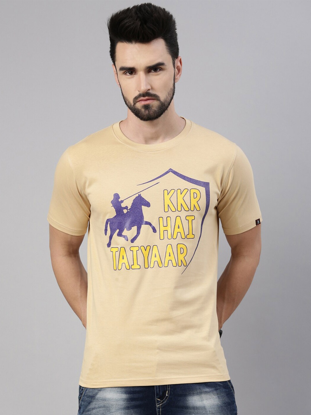 

Bushirt Men Beige KKR Typography Printed Cotton T-shirt