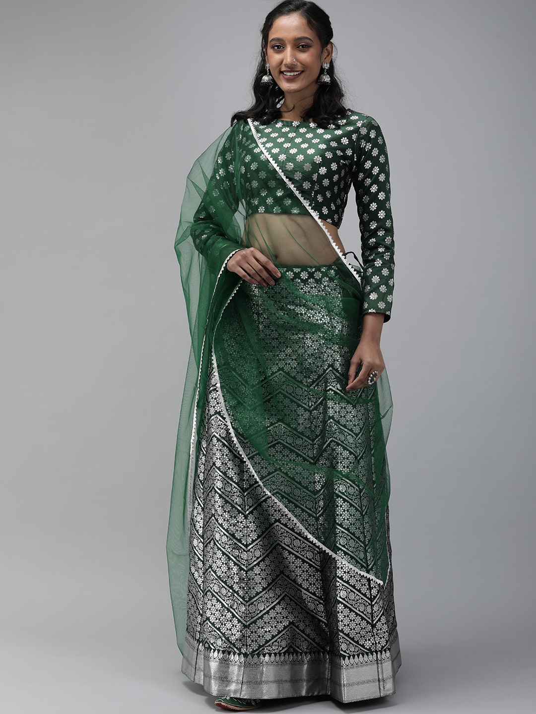 

DIVASTRI Green & Silver Unstitched Lehenga & Blouse With Dupatta