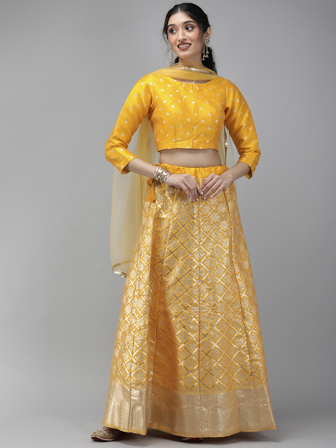 

DIVASTRI Yellow & Golden Unstitched Lehenga & Blouse With Dupatta