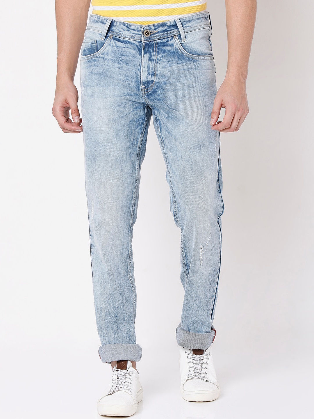 Mufti Men Blue Slim Fit Low Distress Heavy Fade Stretchable Jeans