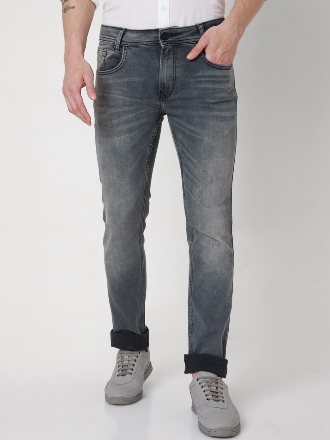 

Mufti Men Grey Slim Fit Low Distress Heavy Fade Stretchable Jeans