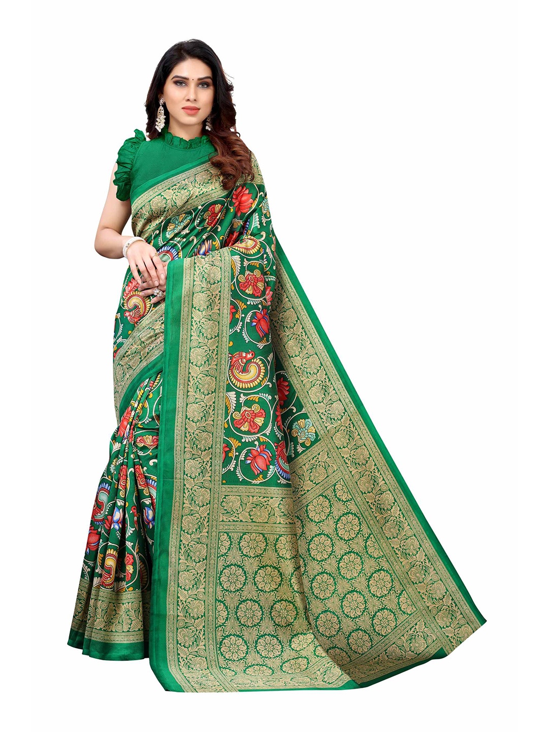 

AADVIKA Green & Gold-Toned Ethnic Motifs Art Silk Mysore Silk Saree