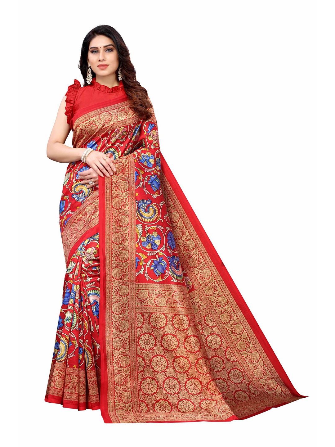 

AADVIKA Red & Gold-Toned Ethnic Motifs Art Silk Mysore Silk Saree