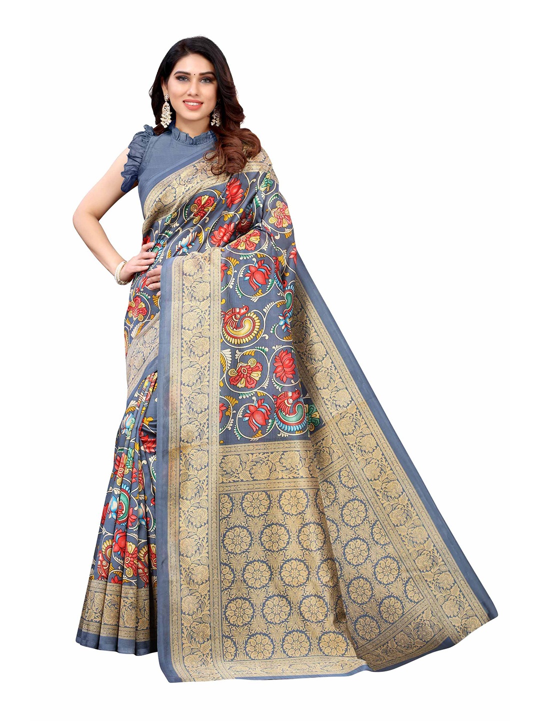 

AADVIKA Grey & Gold-Toned Floral Art Silk Mysore Silk Saree