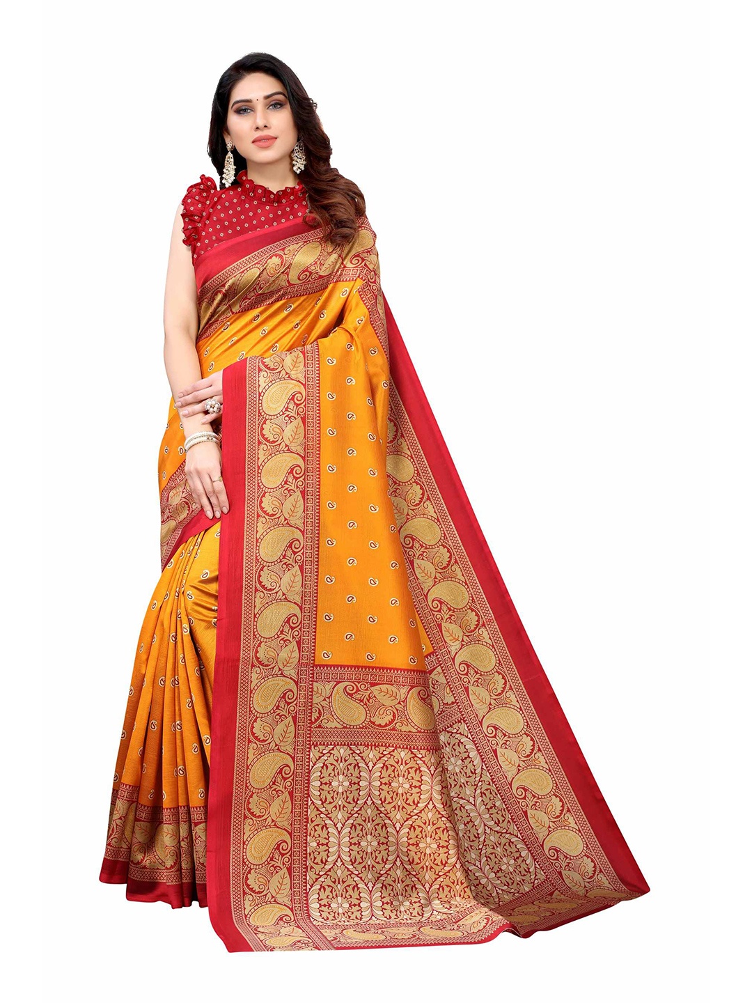 

AADVIKA Yellow & Gold-Toned Ethnic Motifs Art Silk Mysore Silk Saree