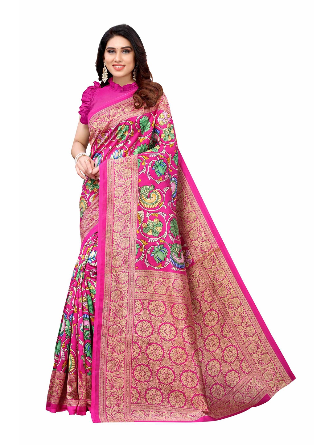 

AADVIKA Pink & Gold-Toned Floral Art Silk Mysore Silk Saree