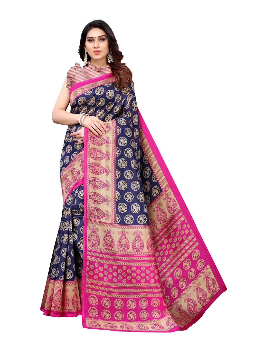 

AADVIKA Blue & Pink Ethnic Motifs Art Silk Mysore Silk Saree