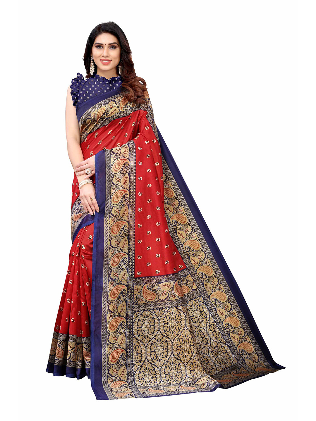 

AADVIKA Red & Blue Floral Art Silk Mysore Silk Saree
