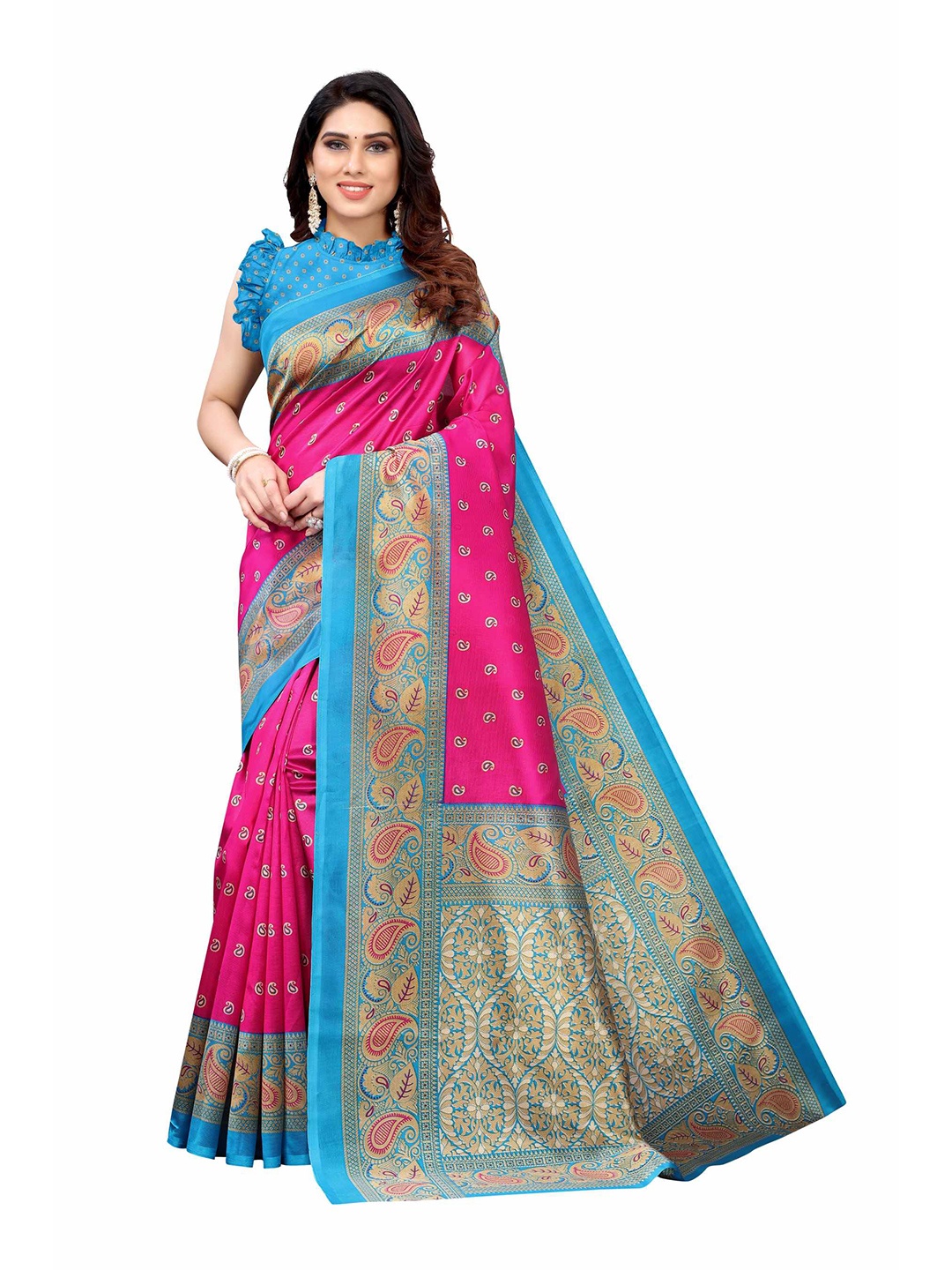 

AADVIKA Pink & Blue Floral Art Silk Mysore Silk Saree