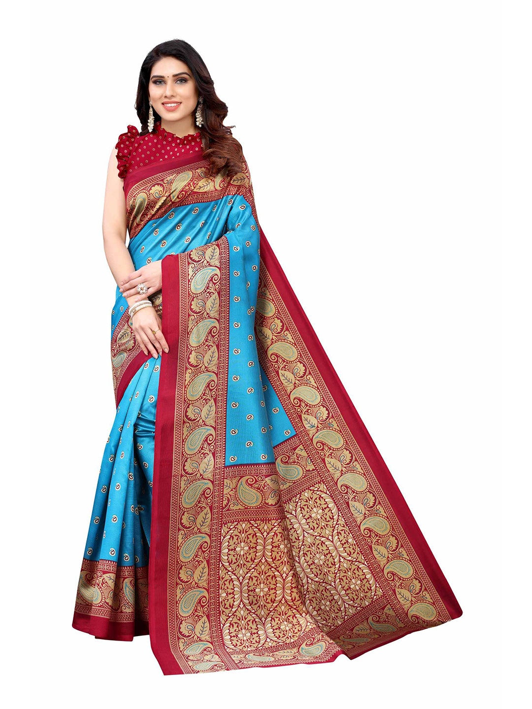 

AADVIKA Blue & Red Floral Art Silk Mysore Silk Saree