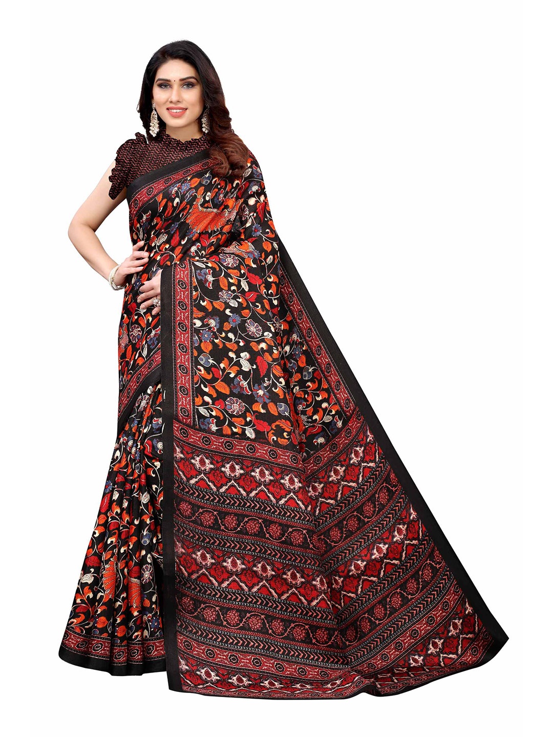

AADVIKA Brown & Orange Floral Mysore Art Silk Saree