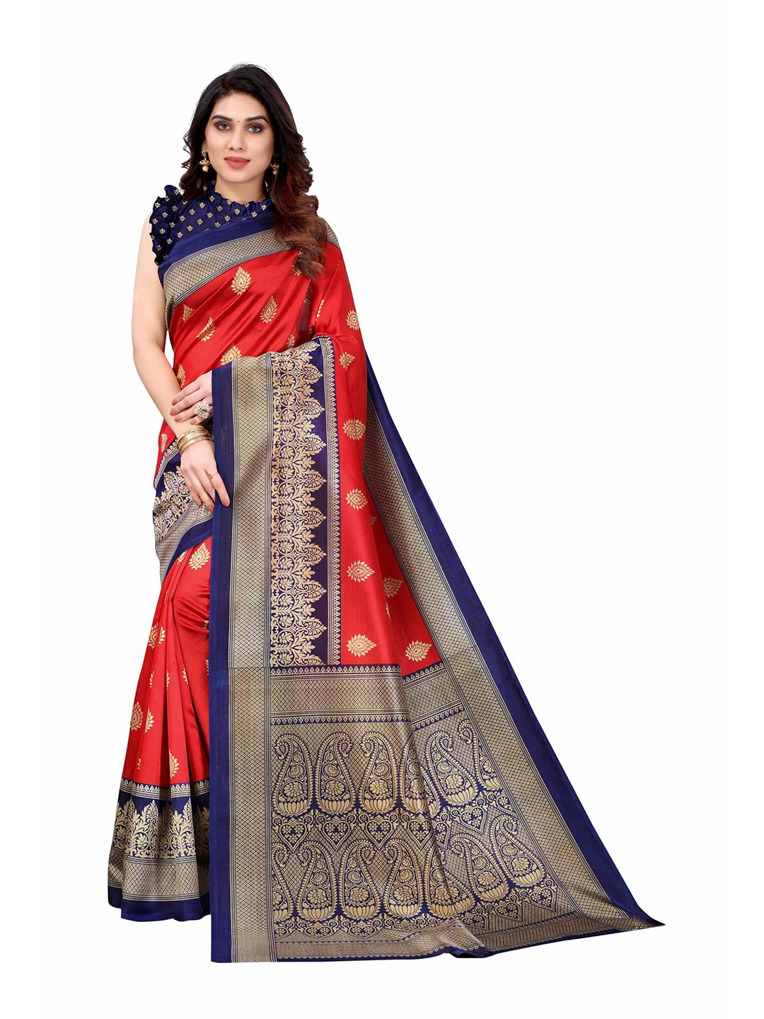 

AADVIKA Red & Navy Blue Ethnic Motifs Printed Mysore Silk Saree