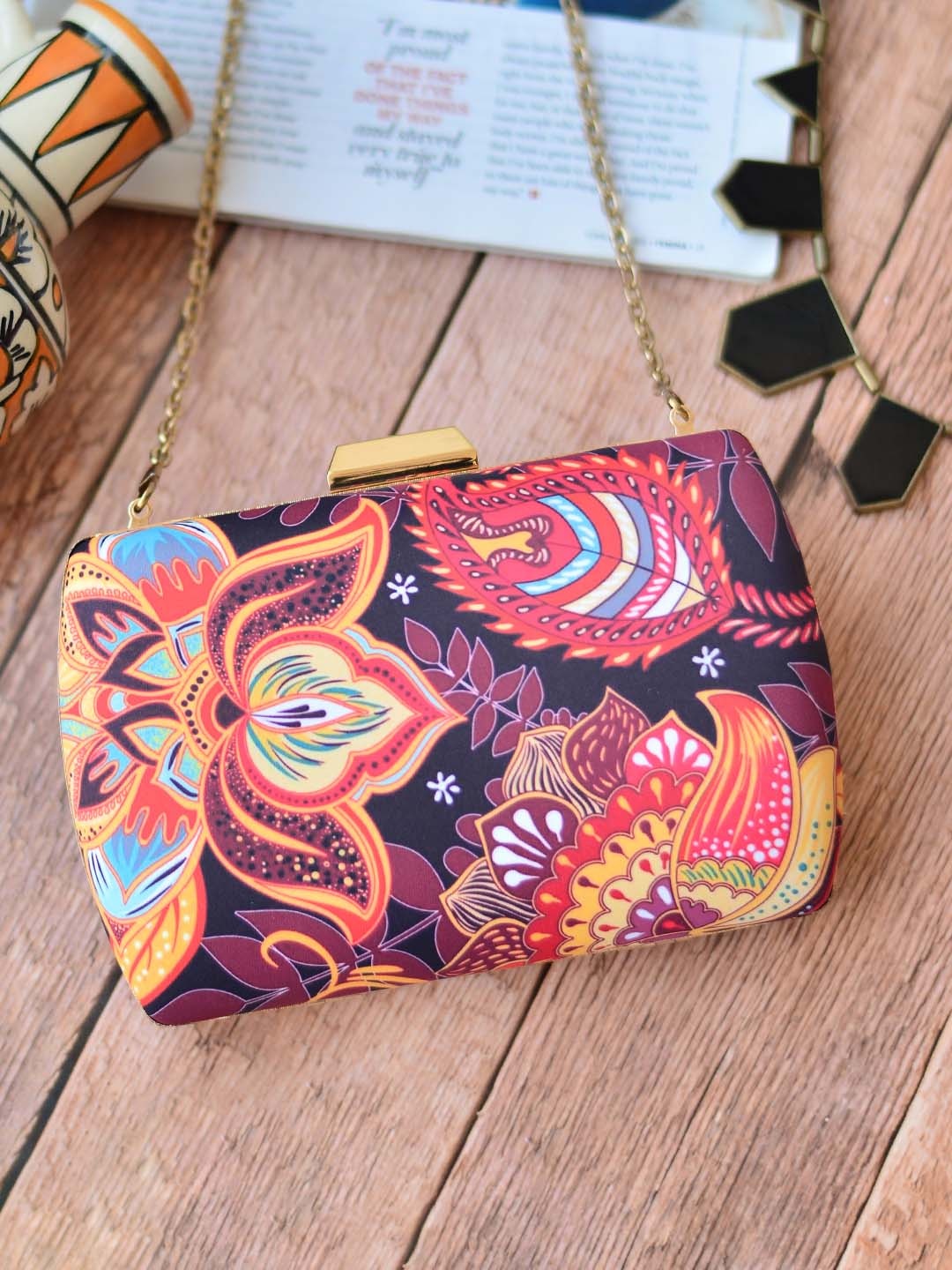 

ARTKLIM Burgundy Printed Box Clutch