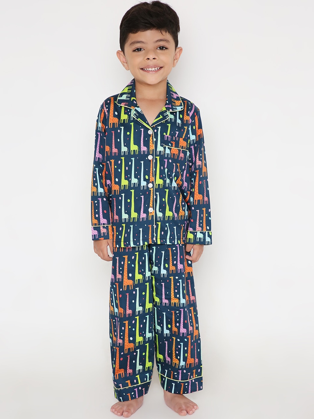 

Kidipoo Kids Blue & Orange Printed Pure Cotton Night suit