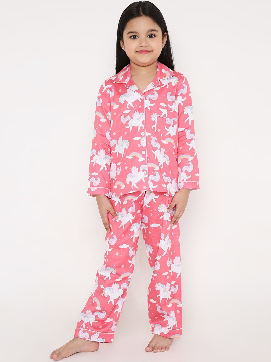 

Kidipoo Kids Pink & White Unicorn Printed Pure Cotton Night suit