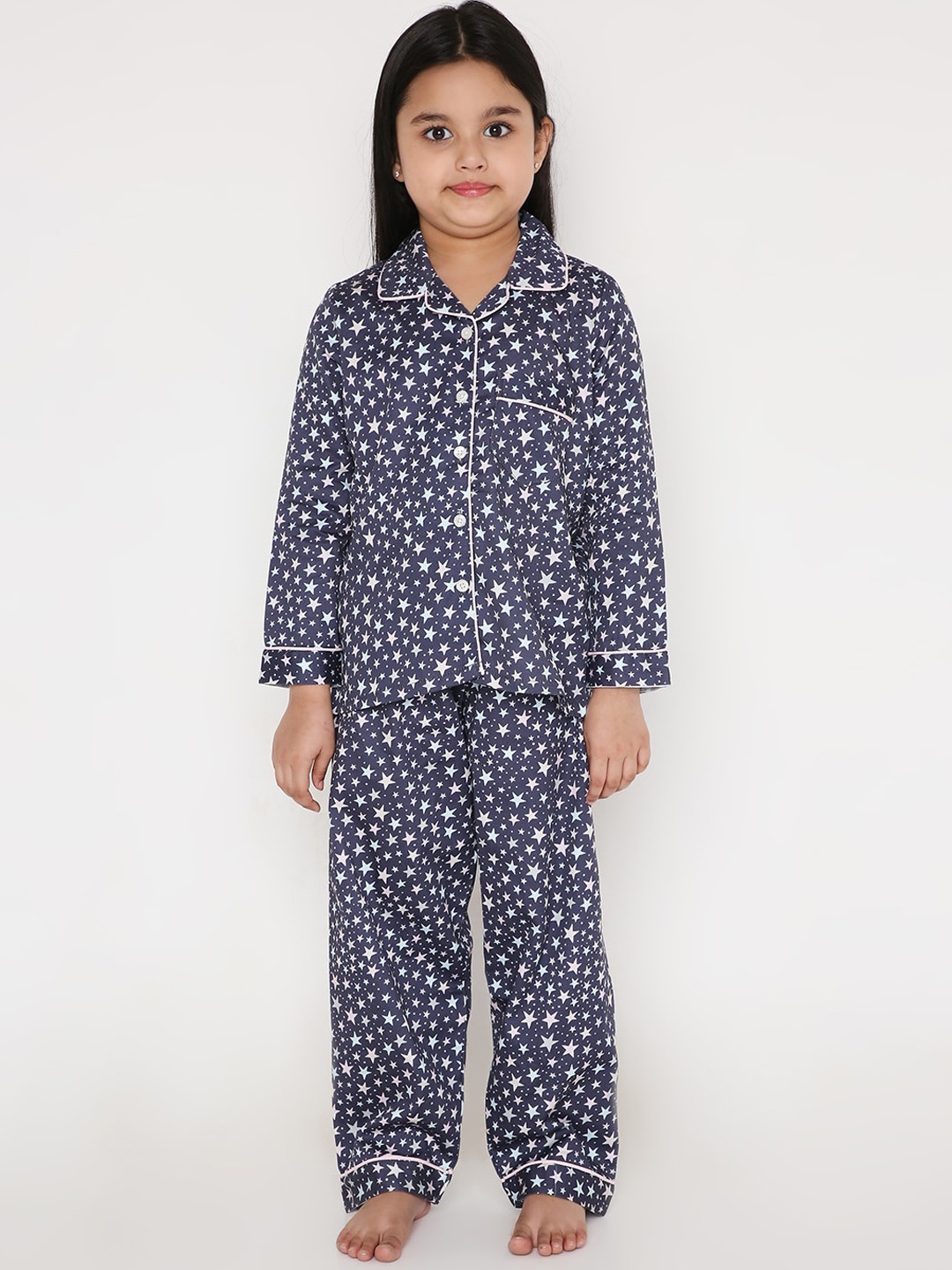 Kidipoo Girls Navy Blue & White Pure Cotton Printed Night suit