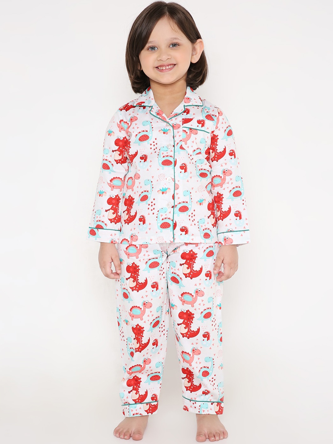 

Kidipoo Girls White & Red Pure Cotton Printed Night suit