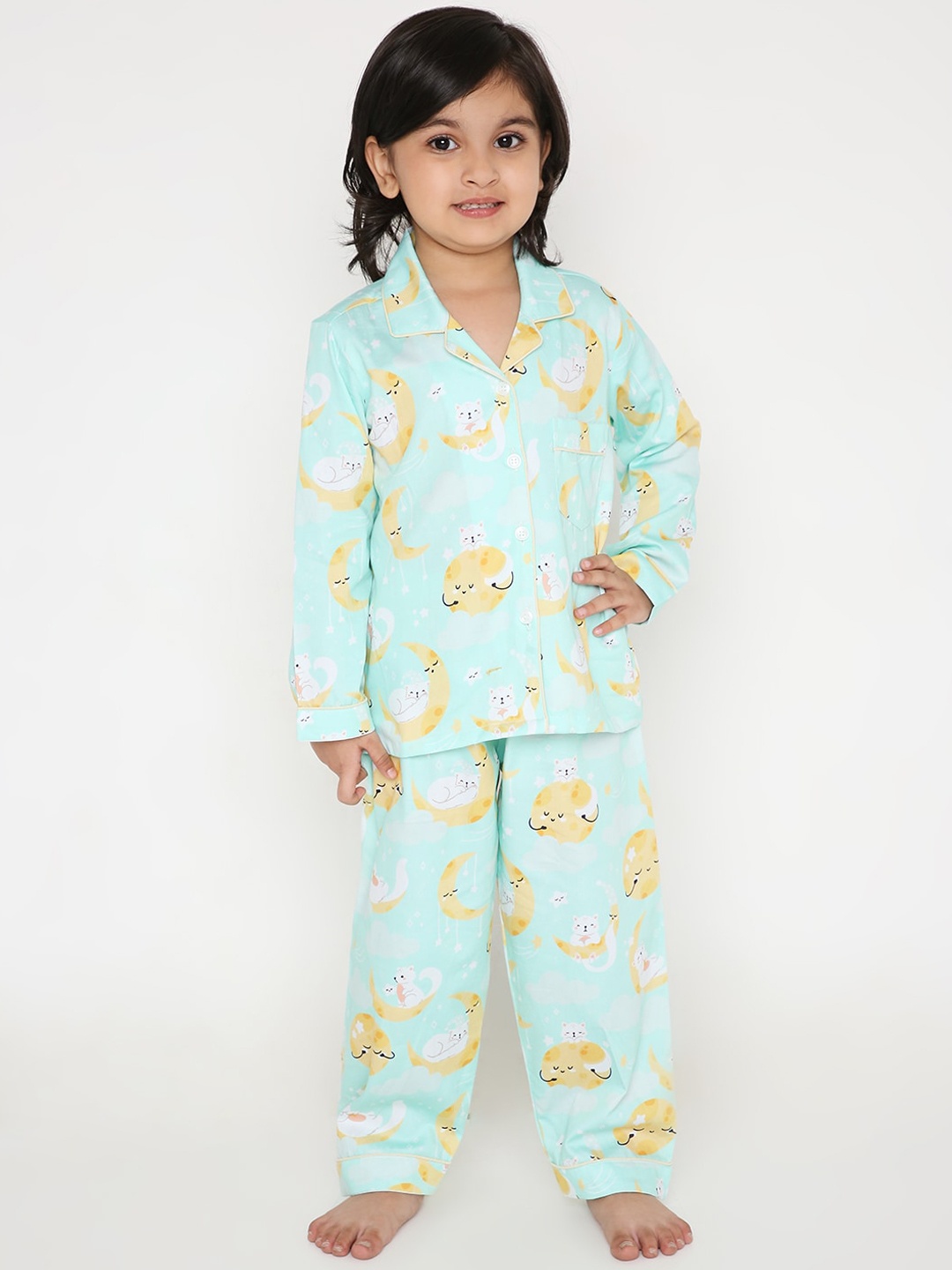 

Kidipoo Kids Green & Yellow Printed Cotton Night Suit