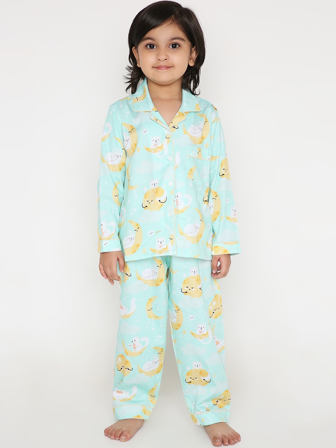 

Kidipoo Kids Sea Green & Yellow Printed Pure Cotton Night suit
